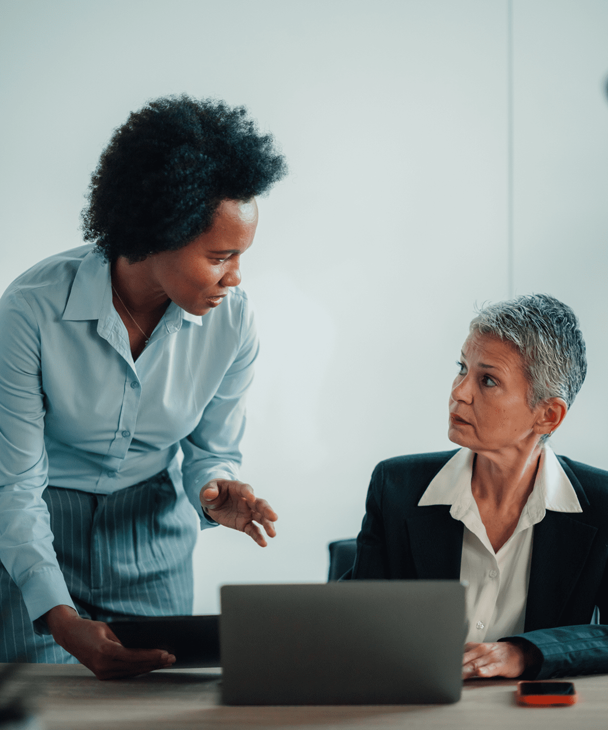 Two professionals discussing work at laptop